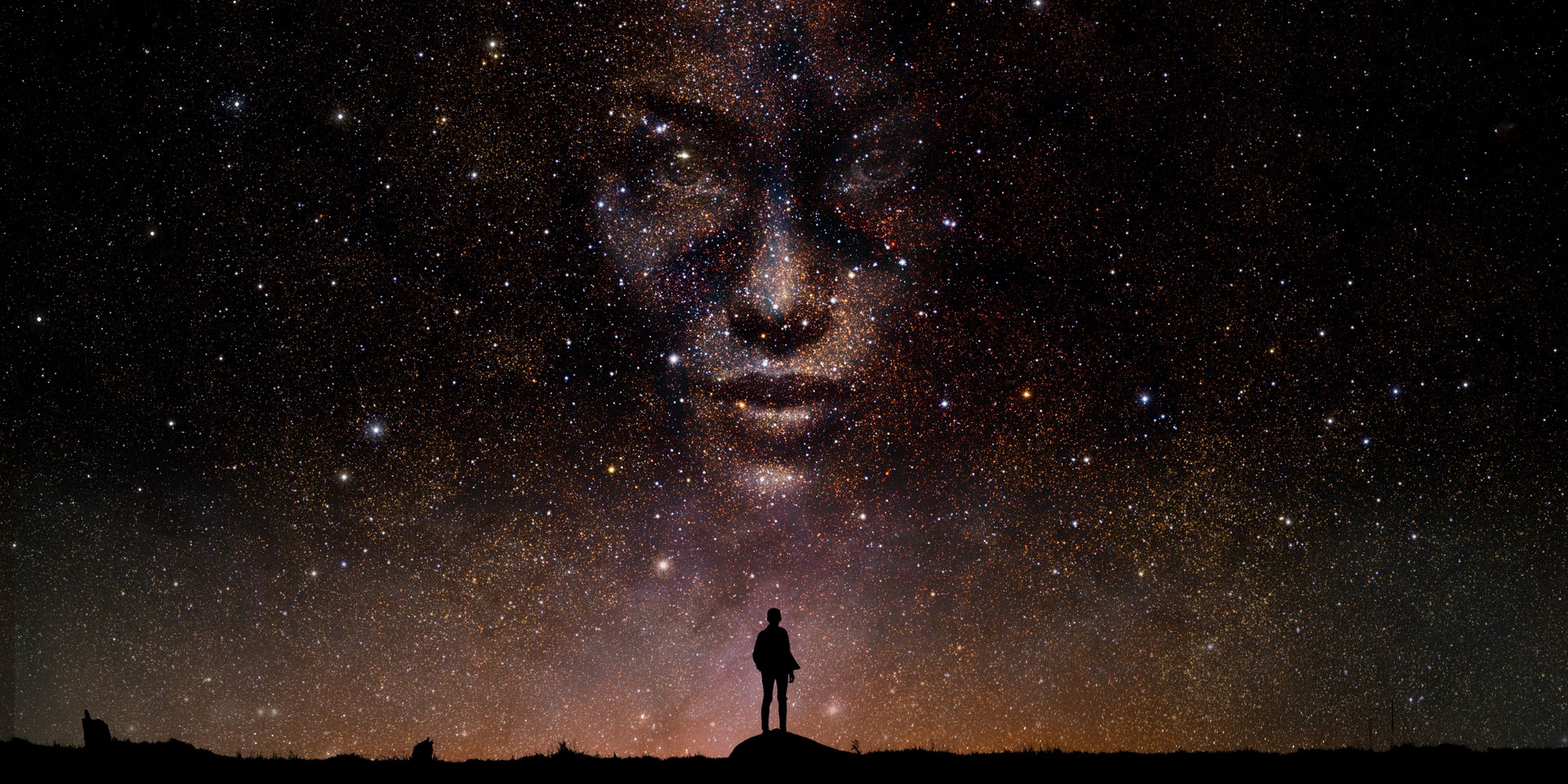 Person In Silhouette Looking At Divine Face In Stars Person In Silhouette Looking At Divine Face In Stars